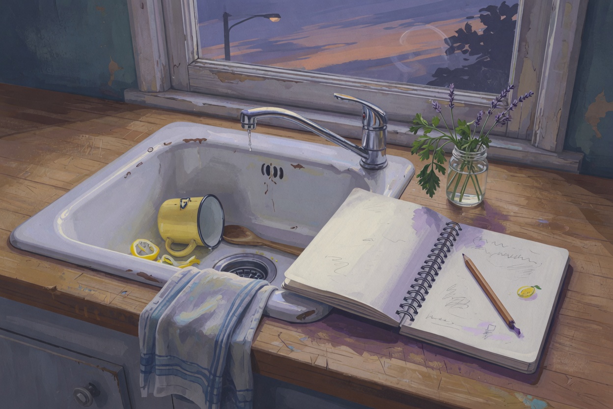 An editorial illustration of a kitchen sink beside an open notebook at dusk.