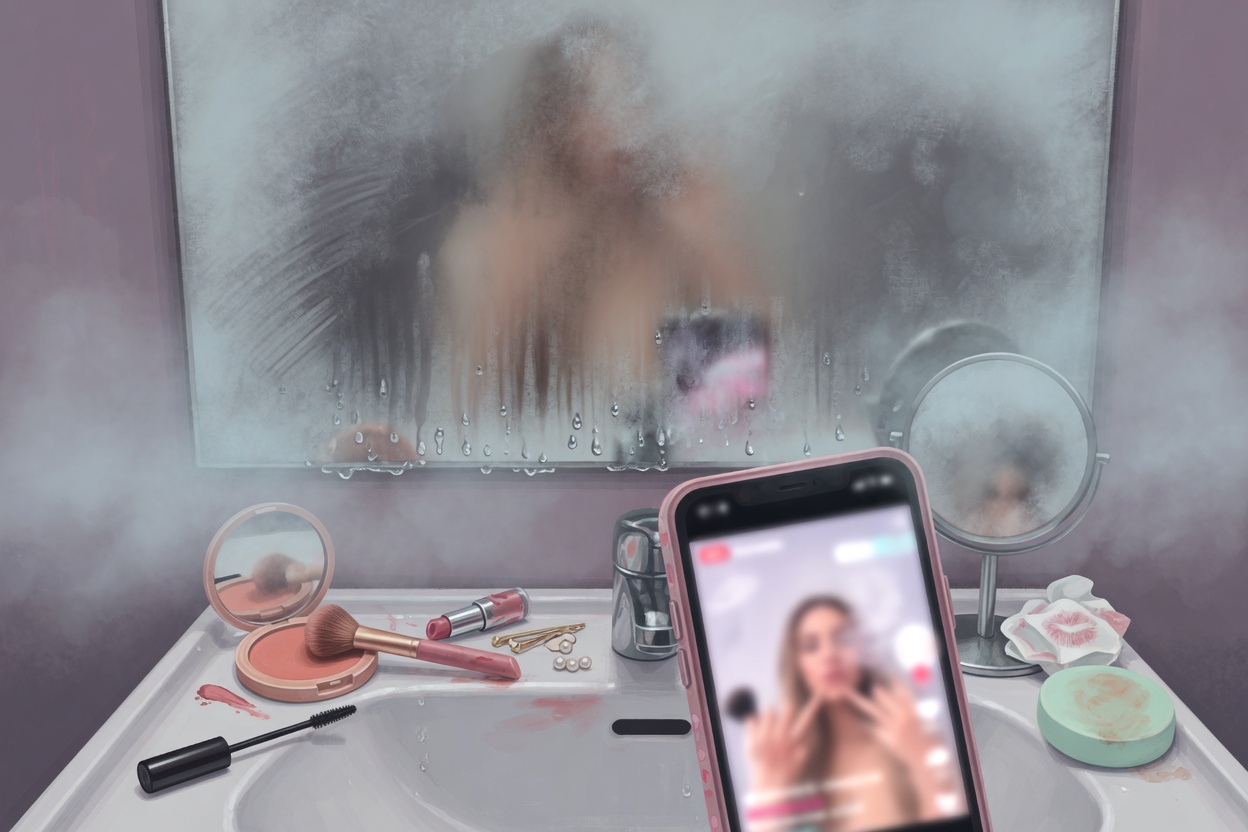 An editorial illustration of a bathroom mirror fogged at the edges, makeup on the sink, and a phone playing a vlog.