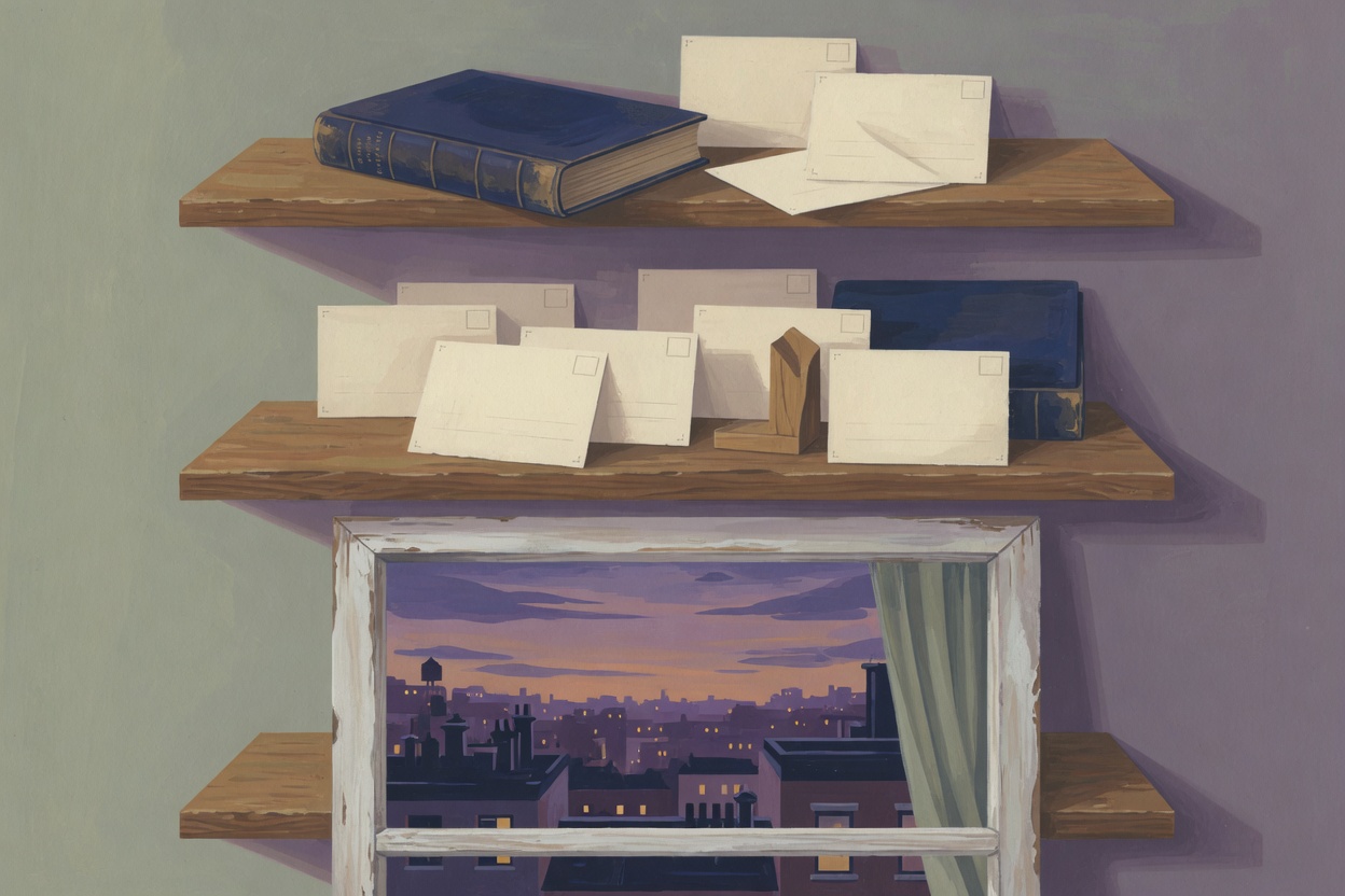 An editorial illustration of three wooden shelves holding a grammar book, loose cards, and a window open onto an unnamed city at dusk.