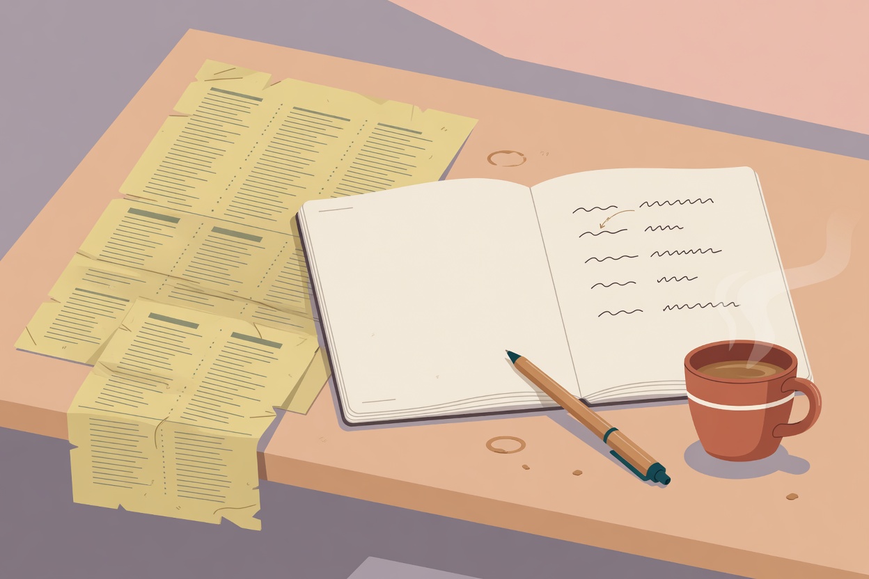 An editorial illustration of a long printed word list crumpled at the edge of a desk, next to an open notebook where a few words are copied with short context lines.