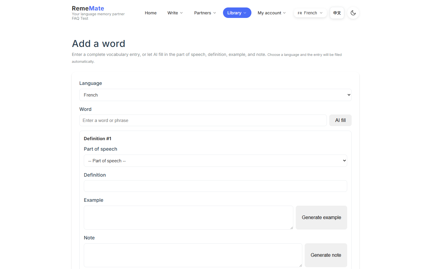 Add-word form with term, senses, and AI fill