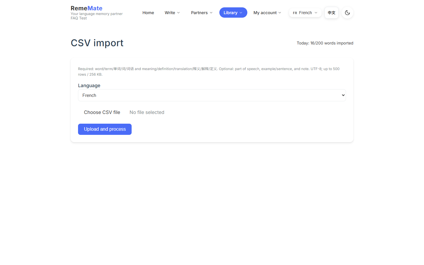 CSV import page with language select and file upload