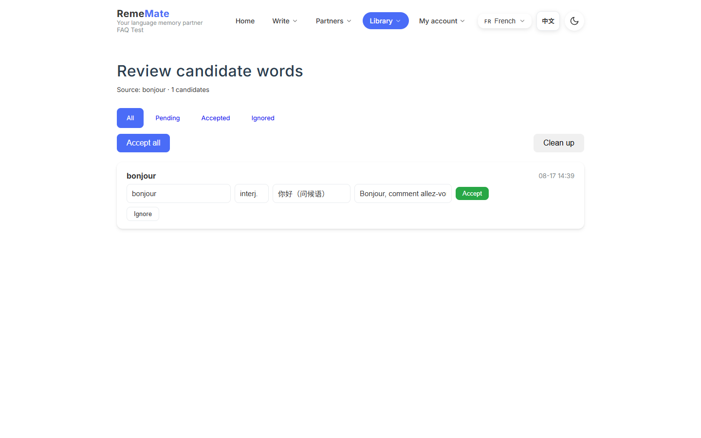 SessionPad candidate page showing expressions from a recap
