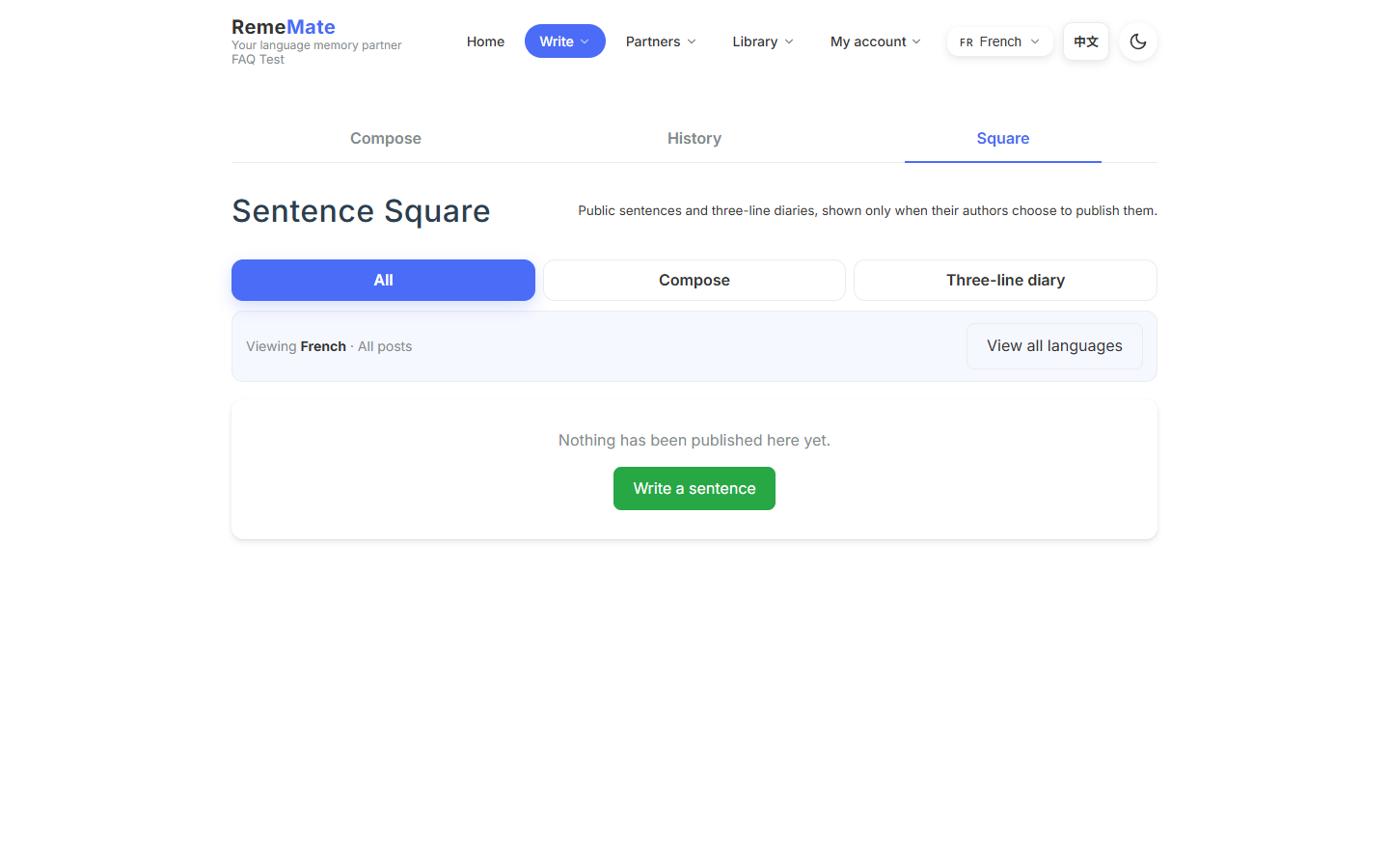 Sentence square with language filters and likes