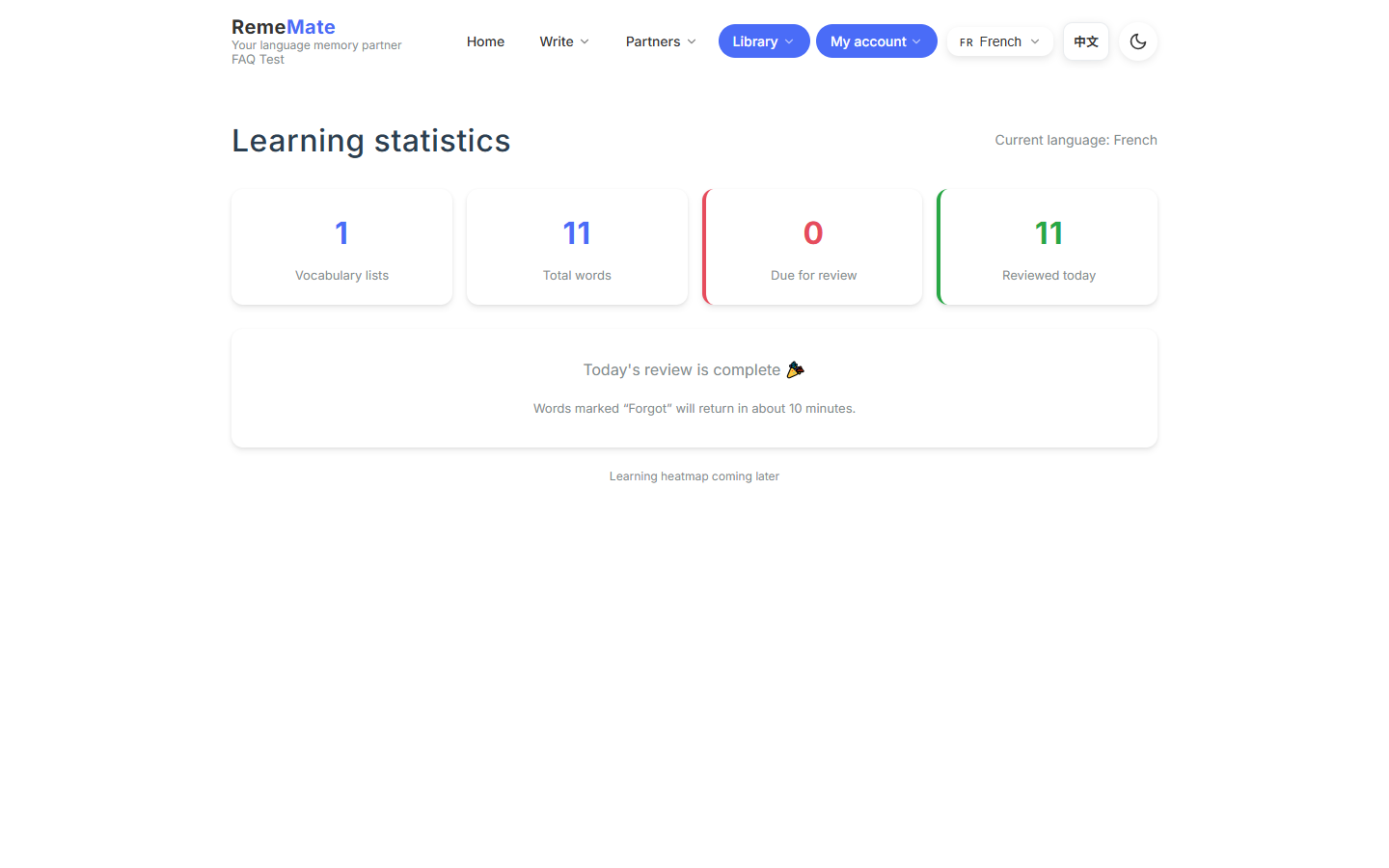 Stats page with review progress by language